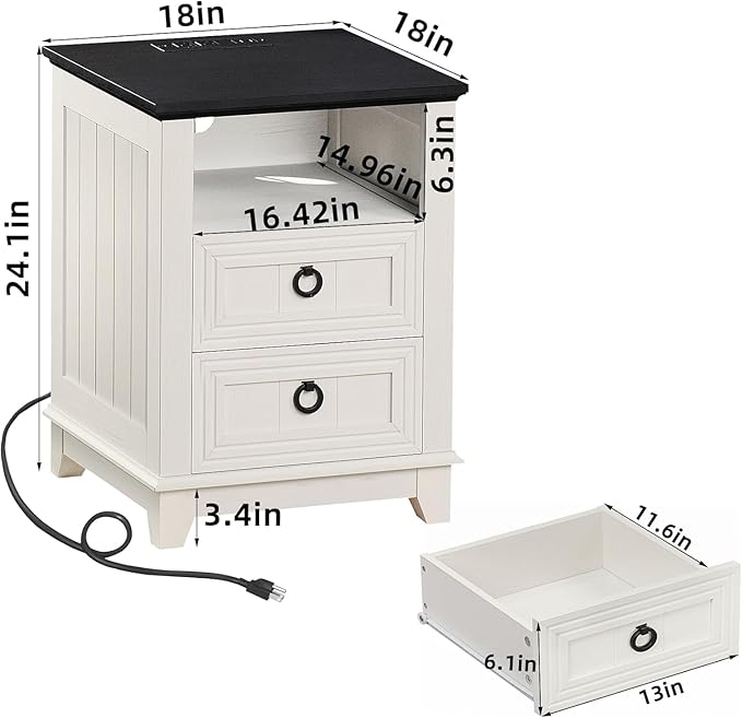18" Farmhouse Night Stands Set of 2 with Charging Station, 2 & 3 Drawers End Table Dresser for Bedroom, White Wooden Nightstand, Bed Side Table with Open Shelf, Bedside Cabinet for Living Room-CasaMuseHome