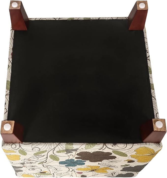 Adeco 18 Inch High Cube Ottoman Storage, Floral Printed Linen Chair Foot Stools, Upholstered Vanity Stool with Hinged Lid, Solid Wood Legs-CasaMuseHome