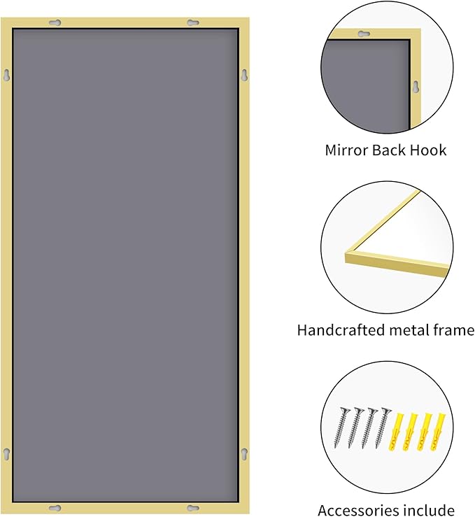 48x24In Gold Bathroom Mirror for Wall, Brushed Gold Rectangle Mirrors with Metal Frame, Bathroom Rectangular Mirror Modern Wall Mirror for Bedroom Living Room, Hangs Horizontal or Vertical-CasaMuseHome