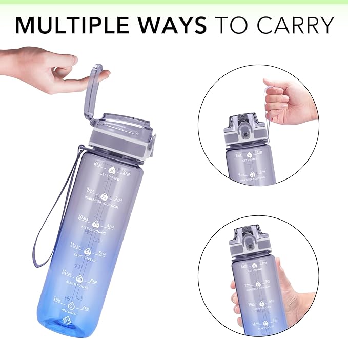 32oz Motivational Water Bottles with Time Marker & Fruit Strainer, Transparent Gradient Color Water Bottle with Times to Drink, Leakproof & BPA Free, Reusable Bottle with Strap (No Straw)-CasaMuseHome