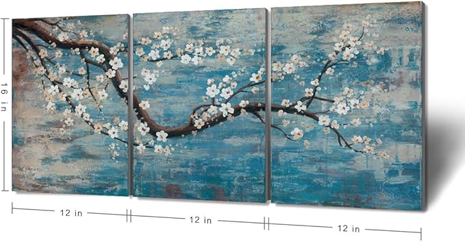 3 Piece Wall Art Hand-Painted Framed Flower Oil Painting On Canvas Gallery Wrapped Modern Floral Artwork for Living Room Bedroom Décor Teal Blue Lake Ready to Hang 12"x16"x3 panel-CasaMuseHome