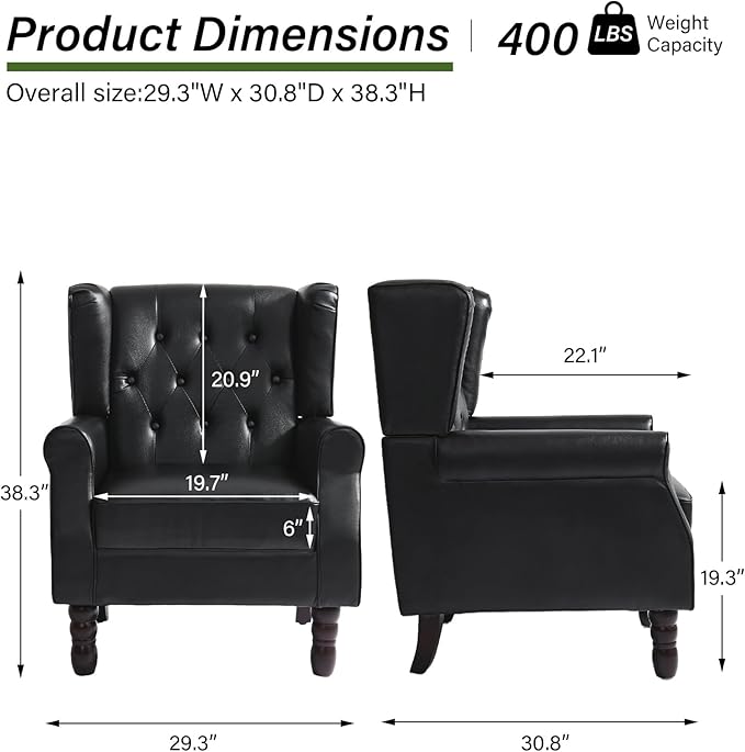 Accent Chair, Upholstered Armchair with Button Tufted High Back & Solid Wood Legs, Comfy Wingback Reading Single Sofa Chair for Small Spaces, Living Room, Bedroom (Leather Black, Set of 2)-CasaMuseHome