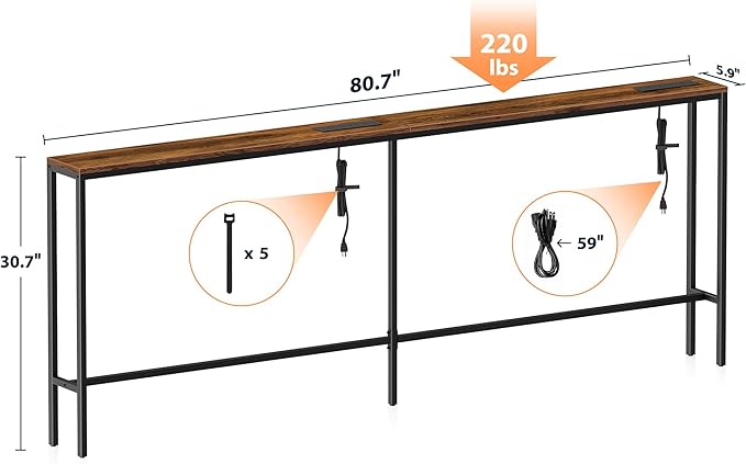 80.7'' Narrow Sofa Table with 2 Power Outlets (6 AC Outlets & 4 USB Ports), Thin Console Tables Narrow Long, Behind Couch Table Skinny for Entryway, Living Room, Hallway, Foyer, Rustic Brown-CasaMuseHome