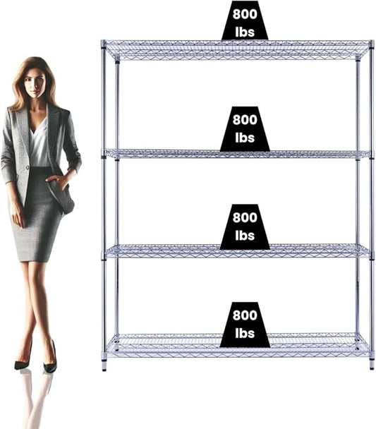 60"x18"x72" Chrome Premium Metal Steel Wire Shelving 4-Tier NSF 3200 LBS MAX Capacity Heavy Duty Storage Rack for Garages, Commercial Spaces, Hospitals, & Schools w/Premium Wheels-CasaMuseHome