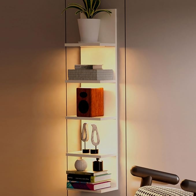 5 Tier Wall Shelf with Light, White Modern Vertical Lack Wall Shelves, Wall Mount, Floating Column Home Decor Shelves for Bedroom, Living Room, Vanity Storage Display-CasaMuseHome