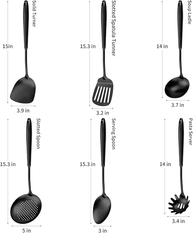 304 Stainless Steel Cooking Utensils,6 Pcs Kitchen Cooking Utensils Set with Spatula, Solid Spoon, Ladle, Skimmer, Spaghetti Spoon,Dishwasher Safe(Black)-CasaMuseHome