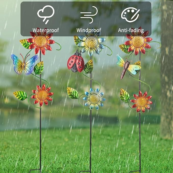 3 Pcs Sunflower＆Butterly＆Ladybug＆Dragonfly Decorative Garden Stakes,23.5 in Metal Sunflower Yard Art for Outside Decor,Spring Outdoor Decor for Mom,Women,Grandma-CasaMuseHome