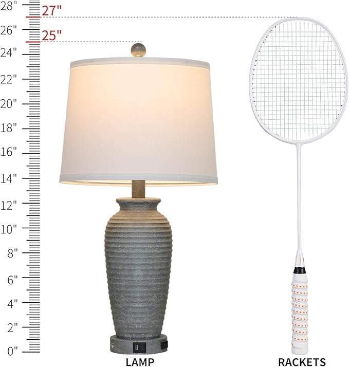 25" Grey Vintage Table Lamp Set of 2 Farmhouse Jar Table Lamps for Living Room，Touch Bedside Lamps with USB A+C Ports & AC Outlet, Pot Nightstand Lamps for Bedroom Living Room (LED Bulbs Included)-CasaMuseHome