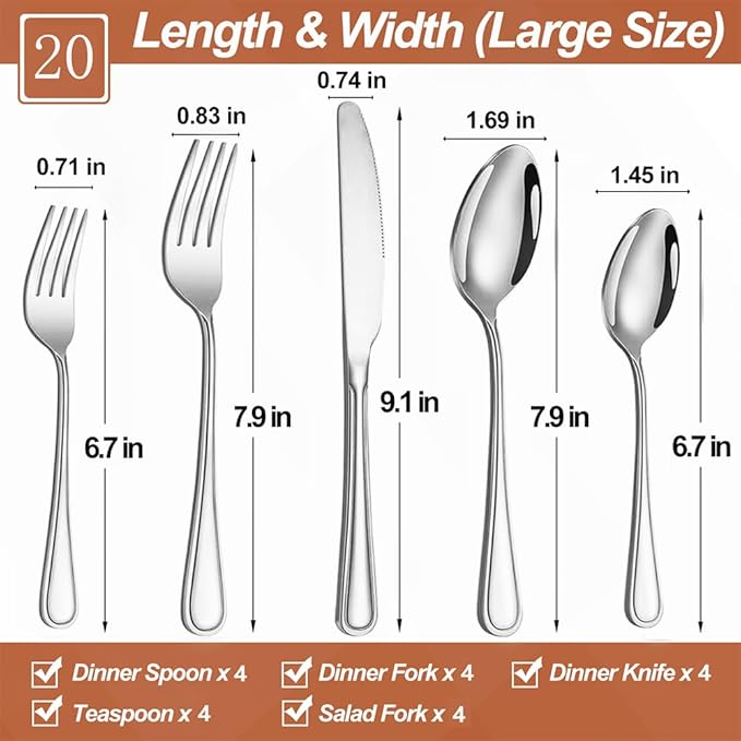 20 Pcs Silverware Set for 4 with Simple Striped Handle Design, Food Grade Stainless Steel Flatware Set, Eating Utensils Sets Include Fork/Knife/Spoon, Reusable Cutlery Set, Dishwasher Safe-CasaMuseHome