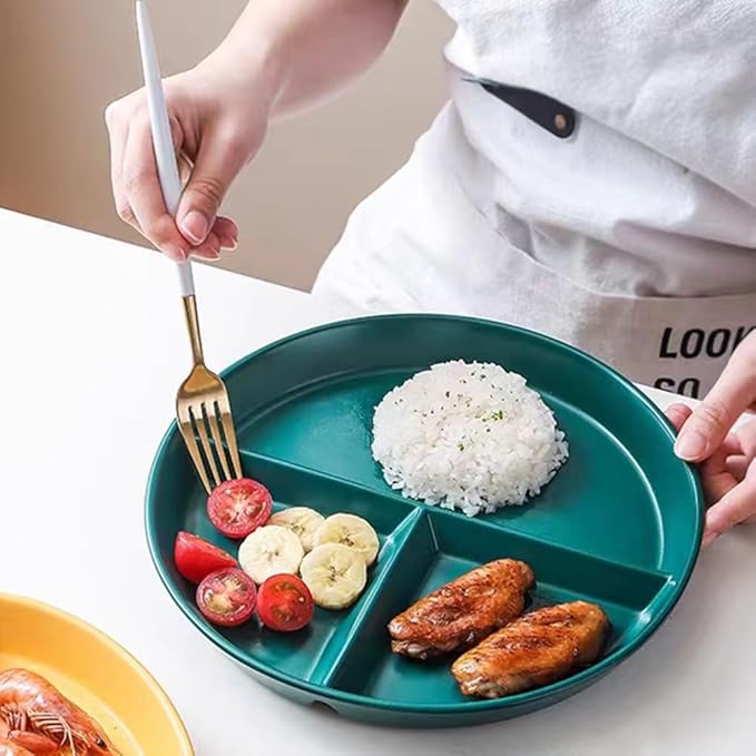 9" Unbreakable Divided Plates Set of 5, Wheat Straw Plate Reusable Dinnerware Portion Control Plate, Round Bariatric Plastic Plate for Kids Adults, BPA-free, Dishwasher Safe-CasaMuseHome