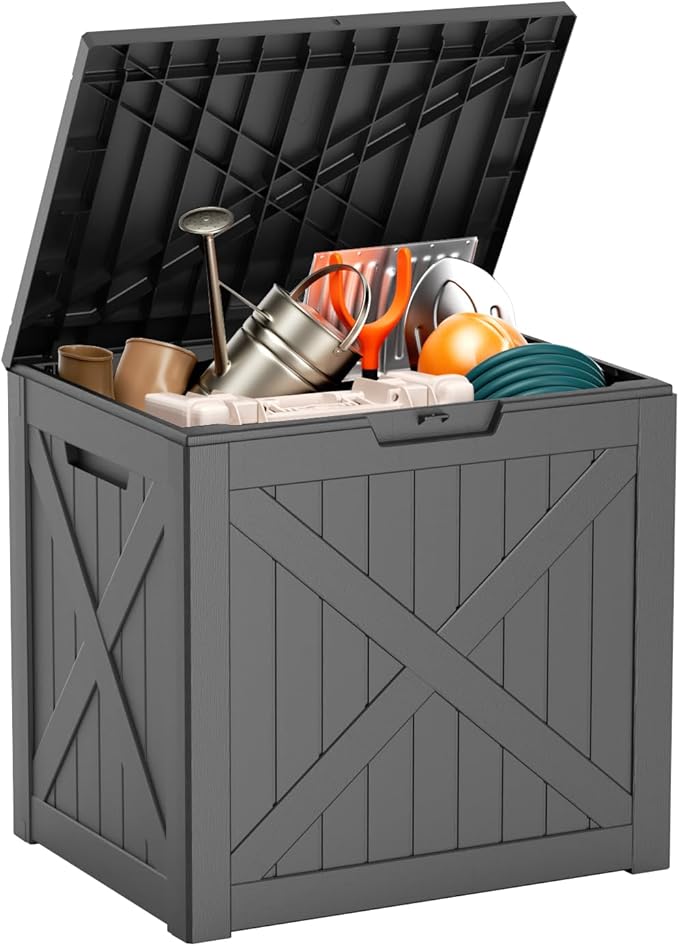 32 Gallon Deck Box Large Outdoor Storage for Patio Furniture,Outdoor Cushions,Garden Tools and Pool Supplies,Waterproof,Resin,Lockable(Black)-CasaMuseHome