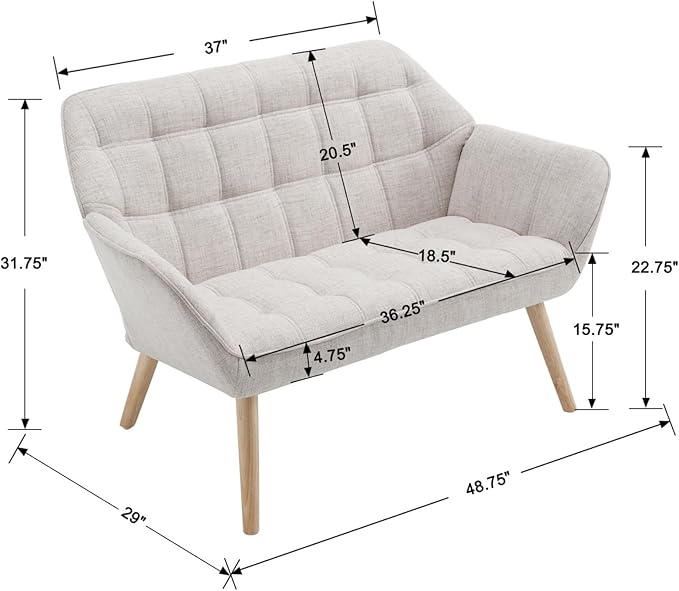 48" Small Loveseat Sofa, Modern Linen Fabric Mini Sofa Couch 2-Seater Love Seat with Quilting Backs and Wood Legs for Living Room, Bedroom and Small Space, Beige-CasaMuseHome