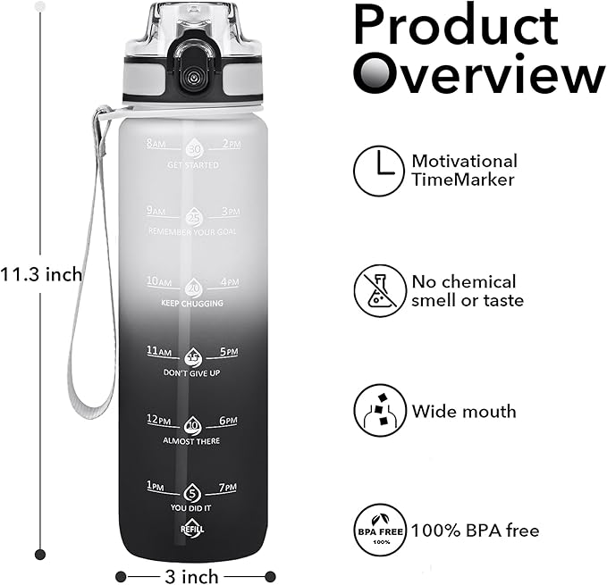 32oz Motivational Water Bottles with Time Marker & Fruit Strainer, Transparent Gradient Color Water Bottle with Times to Drink, Leakproof & BPA Free, Reusable Bottle with Strap (No Straw)-CasaMuseHome