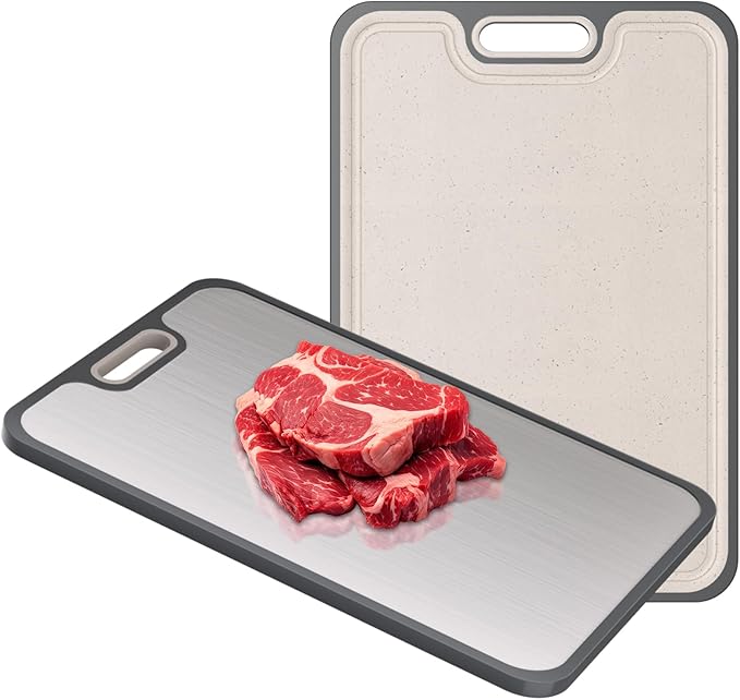 2IN1 Titanium Cutting Boards for Kitchen,Metal Cutting Boards With Pure Titanium and Wheat Straw PP,Double Sided Chopping Board with Juice Groove Dishwasher Safe Easy to Clean Non Toxic 15"X10"-CasaMuseHome