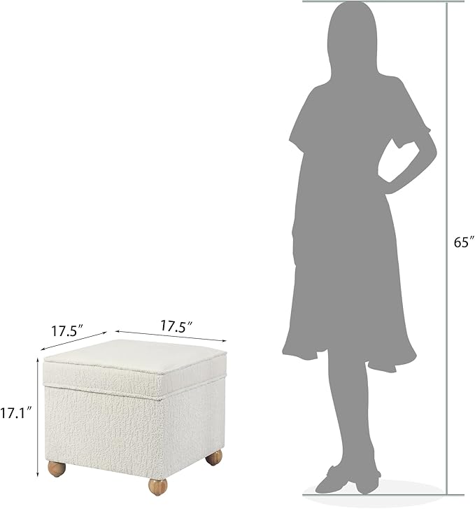 Adeco 17 Inch High Faux Fur White Cube Ottoman Storage, 3D Embossed Velvet Chair Foot Stools, Upholstered Vanity Stool with Hinged Lid, Solid Round Wood Legs-CasaMuseHome