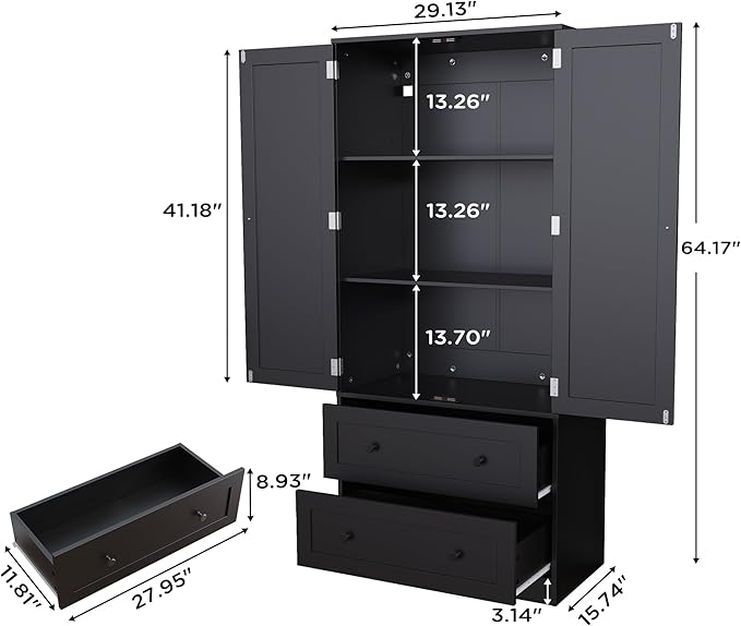 64.2" Tall Black Kitchen Pantry, Storage Cabinet with Doors and Drawers, Freestanding Wooden Organizer for Kitchen, Dining Room-CasaMuseHome