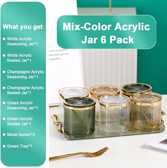 Acrylic Condiment Spice Jars,Condiment Spice Box With Lids and Spoons and Tray,Clear Plastic Condiment Canisters,Seasoning Box 6 Pack,Seasoning Box Set for Kitchen to Storage Salt,Paprika,Sugar-CasaMuseHome