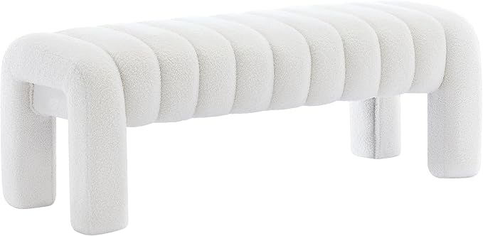 43.3" Bedroom Bench, Upholstered Entryway Bench, Modern End of Bed Ottoman with Solid Wood Legs and Adjustable Foot Pegs for Entryway, Dining Room and Living Room (White Teddy)-CasaMuseHome