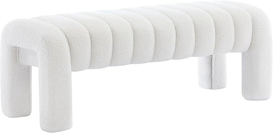 43.3" Bedroom Bench, Upholstered Entryway Bench, Modern End of Bed Ottoman with Solid Wood Legs and Adjustable Foot Pegs for Entryway, Dining Room and Living Room (White Teddy)-CasaMuseHome