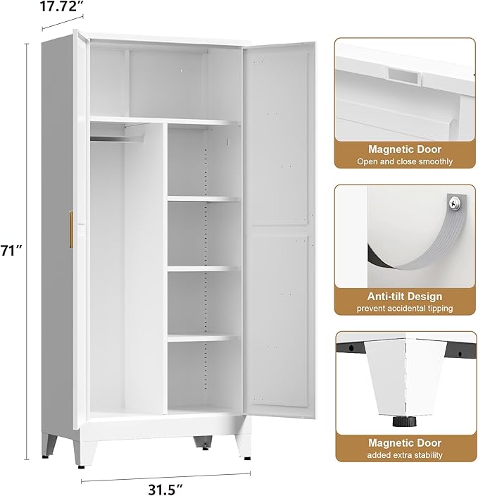 71'' Farmhouse Metal Wardrobe Cabinet with Hanging Rod, 2 Barn Door Wardrobe Closet with 5 Adjustable Shelves,Drawer,for Dining Room,Bedroom,Living Room, Cloak Room,Office (White)-CasaMuseHome