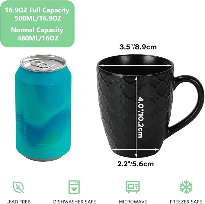 16 OZ Bone Coffee Mugs Set of 6 Matte Black, Large Ceramic Coffee Mugs Set with Different Texture Patterns, Porcelain Cups with Handle for Espresso Latte Tea Milk-CasaMuseHome