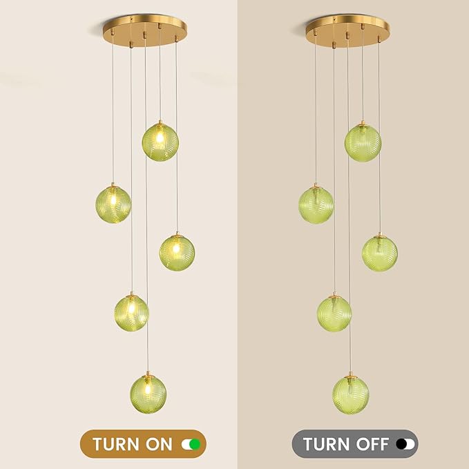 5-Light Chandelier, Globe Green Glass Flush Mount Pendant Light,15W Ceiling Hanging Light for Staircase Foyer Entryway Living Room Hotel Kitchen Island（3000K,G9 Bulbs Include）-CasaMuseHome