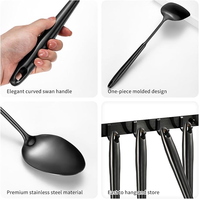 304 Stainless Steel Cooking Utensils,6 Pcs Kitchen Cooking Utensils Set with Spatula, Solid Spoon, Ladle, Skimmer, Spaghetti Spoon,Dishwasher Safe(Black)-CasaMuseHome