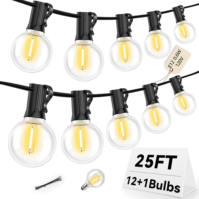 25FT G40 LED Outdoor String Lights with 12+1 Bulbs, E12 Socket, 2700K Warm White, Commercial Grade Weatherproof & Connectable for Garden, Patio, Backyard, Bistro, Porch, Deck, Gazebo, Camping, Party-CasaMuseHome