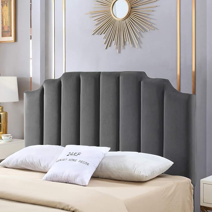 24KF Dark Gray Velvet Tufted Queen Upholstered Headboard, Modern Vertical Channel Design California Queen/Full Headboard with Stepped Silhouette Top Edge,Dark Gray-CasaMuseHome