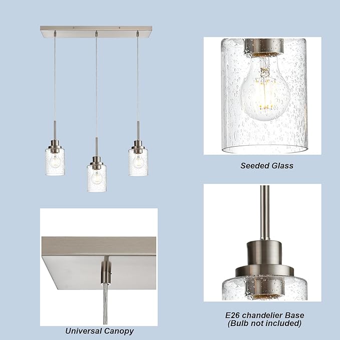 3-Light Farmhouse Chandelier Light Fixture Brushed Nickel Clear Seeded Glass Dining Room Hanging Modern Pendant Lighting Over Table,Traditional Ceiling Lights for Kitchen Island Entryway-CasaMuseHome