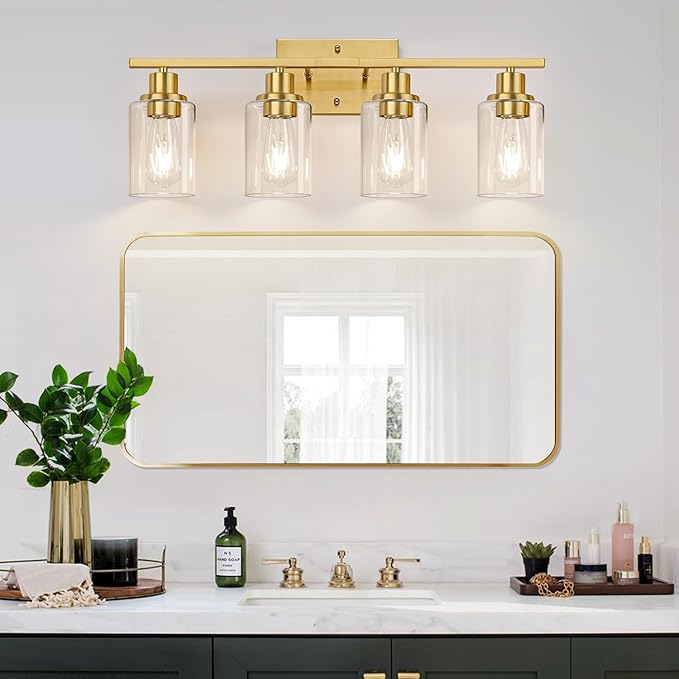 4-Light Vanity Lights with Clear Glass Shades, Brushed Gold Bathroom Light Fixtures Over Mirror, Modern Bathroom Wall Lamp for Mirror Living Room Cabinet Bedroom Porch-CasaMuseHome