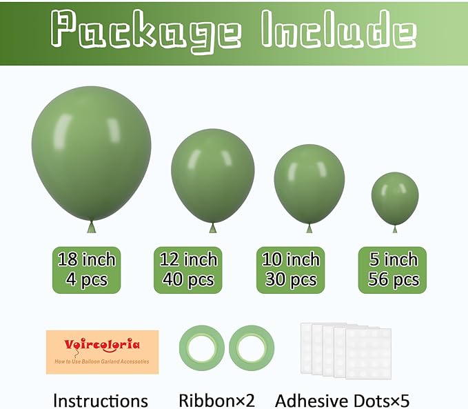 130pcs Sage Green Balloons Different Sizes 18" 12" 10" 5" Olive Green Balloons for Birthday Graduation Baby Shower Wedding Anniversary New Year Party Decorations-CasaMuseHome