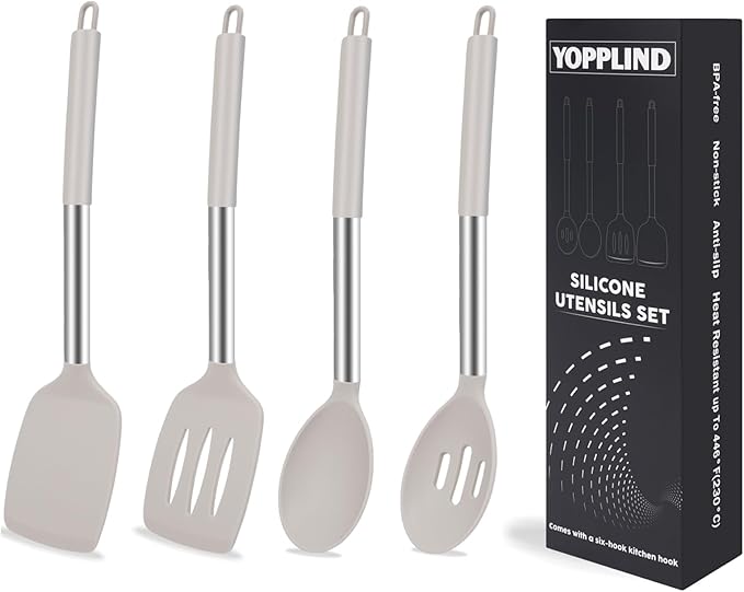 5-Piece Silicone Kitchen Tool Set, BPA-Free, Heat-Resistant, Non-Stick & Dishwasher-Safe, with Slotted/Solid Spoons & Spatulas for Frying, Mixing, Draining – Includes Multi-Purpose Serving Hook(Khaki)-CasaMuseHome