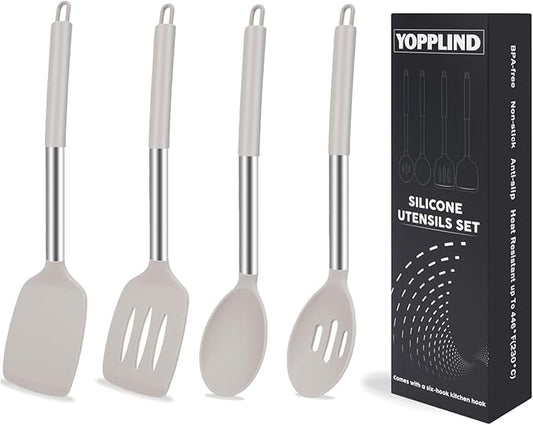 5-Piece Silicone Kitchen Tool Set, BPA-Free, Heat-Resistant, Non-Stick & Dishwasher-Safe, with Slotted/Solid Spoons & Spatulas for Frying, Mixing, Draining – Includes Multi-Purpose Serving Hook(Khaki)-CasaMuseHome
