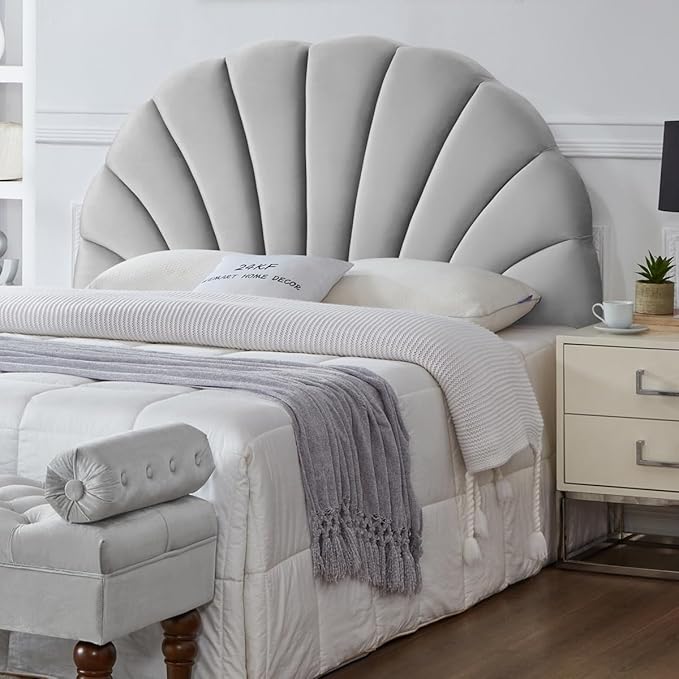 24KF Stunning Crown Design Queen Headboard, Upholstered Soft Velvet Petal Pattern Headboard Queen/Full-Q-Gray-CasaMuseHome