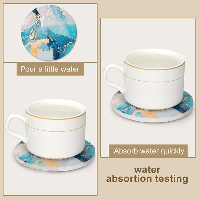 6 Pcs Light Blue Marble Abstract Ceramic Coasters with Holder Best Round Drink Absorbent Coasters for Desk, Lounge, Coffee, Wine, Beverage, Dining Table Decor, Bar Coaster Set-CasaMuseHome