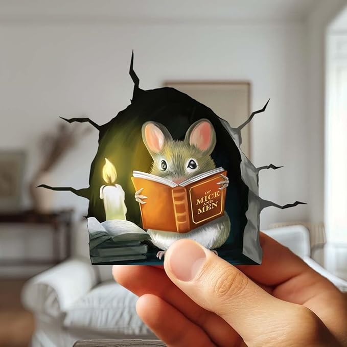 3D Mouse Reading Book in Mouse Hole, Decal Sticker, Removable Wall Decor, Book Lover Gift Idea, Baseboard, Wall Sticker Decal, Kids Room, Classroom, Library-CasaMuseHome