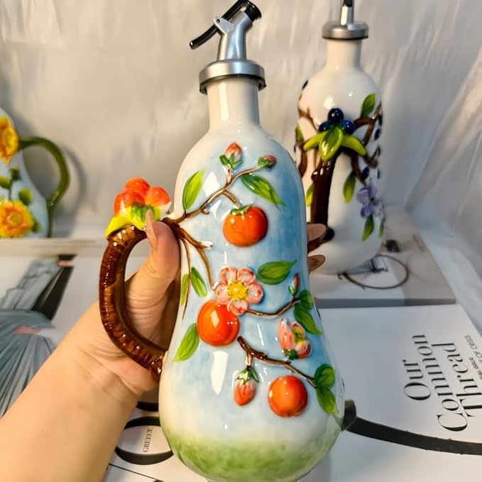 18.26oz/540ml Ceramics Olive Oil Dispenser Bottle,Hand Painted Reliefs Oil Dispenser for Kitchen,Oil Bottles for Kitchen (Persimmon)-CasaMuseHome