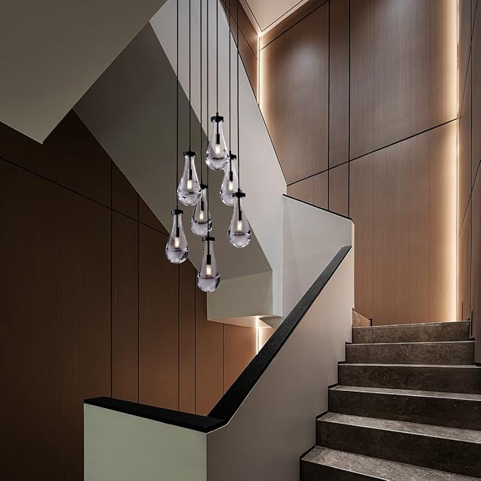 7 Light Raindrop Chandeliers, Bronze Teardrop Cluster Pendant Lights Kitchen Island, Black Dining Room Chandelier Over Table Hanging Pendant Lighting for High Ceiling, Entryway Staircase-CasaMuseHome
