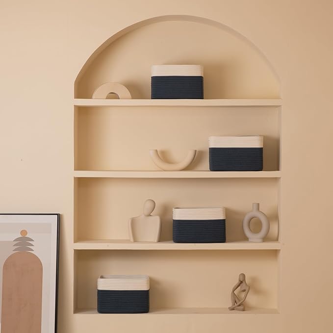 4 Pack Storage Baskets for Organizing, Woven Baskets for Shelves - Perfect for Toys, Books, Towels, and Clothes, Durable Gift Basket Bins Toy Storage, 12.7''L x9''W x7.8''H, Blue and White-CasaMuseHome