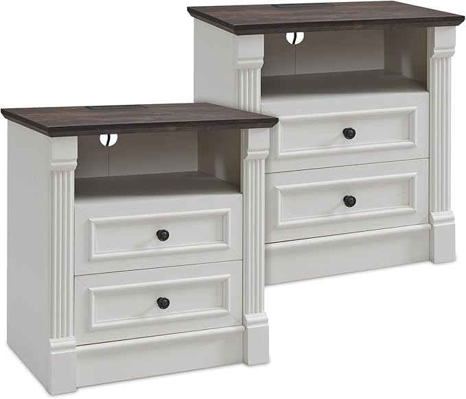 26" Tall Farmhouse Night stand Set of 2, 2 Drawers End Table w/Charging Station, 23.6" Wide Wood Side Table w/Roman Column, Large Rustic Sofa Table w/Open Shelf, Bedside Table for Bedroom, White-CasaMuseHome