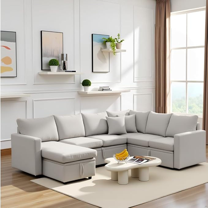 7 - Seater Sofa Bed, Large U - Shaped Modular Sectional Sofa, Oversized Pull - Out Sleeper with Storage for Living Room, Light Grey-CasaMuseHome