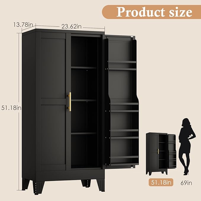 51" H Metal Kitchen Pantry Storage Cabinet, Freestanding Cupboard Storage Cabinet with Doors and Adjustable Shelves, Large Stand Up Food Cupboard for Living Room, Dinning Room, Black-CasaMuseHome
