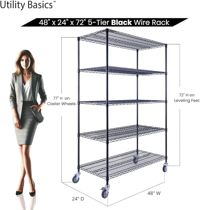 48"x24"x72" Black 5-Tier Premium Wire Shelving NSF 4000 LBS MAX Capacity Heavy Duty Steel Storage Rack for Warehouses, Garages, Hospitals, Commercial Spaces, & Schools w/Premium Wheels-CasaMuseHome