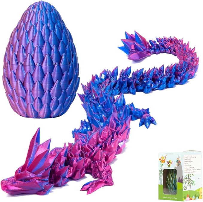 3D Printed 12” Articulated Crystal Dragon Inside 5.1” Egg – Fantasy Collectible, Fidget Toy & Stocking Easter Basket Stuffers for Home & Office Decor (Laser Purple)-CasaMuseHome