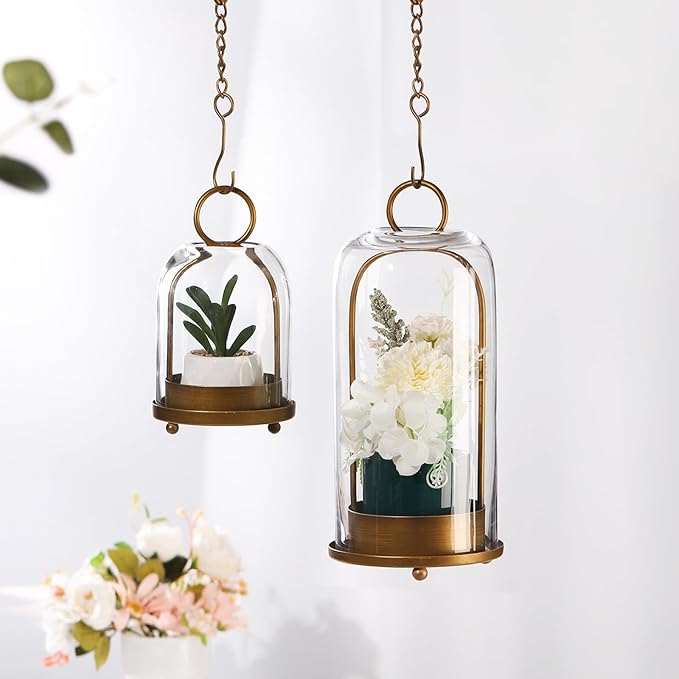 7.5" High Versatile Modern Metal Hurricane Lantern with Handmade Sturdy Glass Dome for 2" Pillar Candle & Plants (Brass, 4" x7.5)-CasaMuseHome
