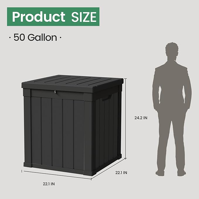 50 Gallon Storage Box, Waterproof Deck Box for Indoor & Outdoor Use, Lockable Pool Storage Bin for Package Delivery, Outdoor Bench for Patio Cushions, Garden Tools, Backyard, Black-CasaMuseHome