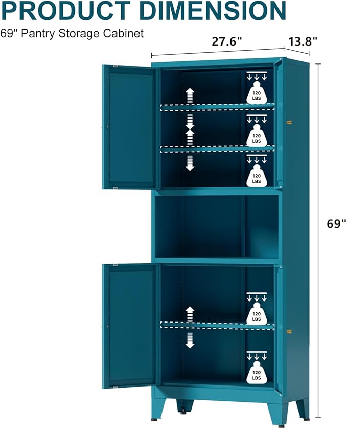 69" Tall Kitchen Pantry Cabinet, Metal Storage Cabinet with 4 Doors and Adjustbale Shelves, Freestanding Cupboards for Dining Room, Living Room, Bathroom-CasaMuseHome