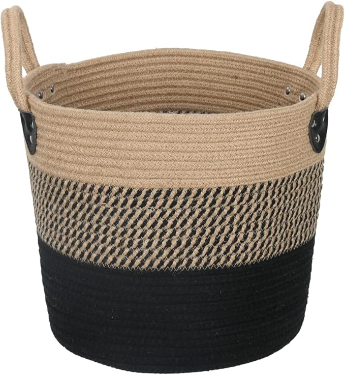 14"x12" Natural Jute Rope Woven Storage Basket with Handles for Plant, Blankets,Toys - Living Room Home Decor,Multifunctional Basket for Organizer,Picnic,Artificial Tree Black and Beige-CasaMuseHome