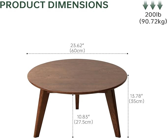 100% Solid Oak Wood Mini Coffee Table, Round Living Room Table Side Table w/Solid Wood Legs, Walnut Mid Century Sturdy Tables for Bedroom Balcony Living Room (23.62" D x 13.78" H)-CasaMuseHome